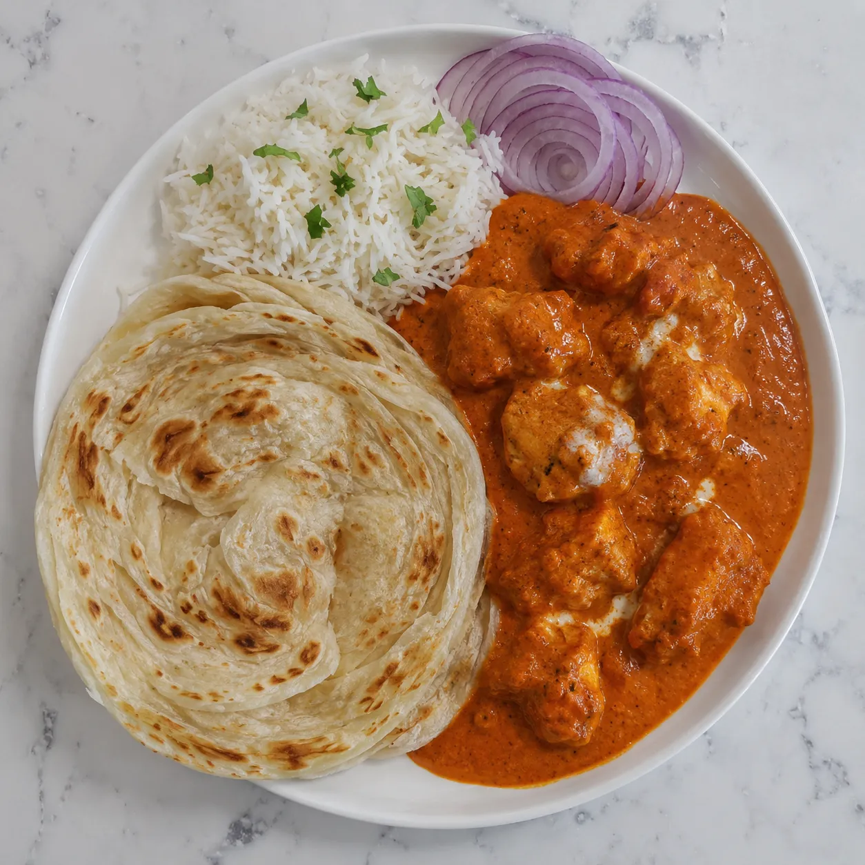 Butter Chicken Platter with Rice and Kerala Porotta at The Great Indian Delicacy YEG, Edmonton